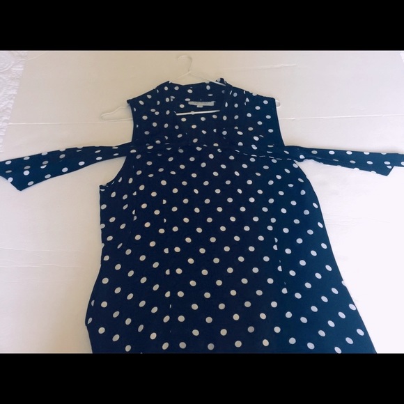 Beautiful Sheer Navy blue & white Polka Dot tank top with low Bow-tie collar - Picture 6 of 8